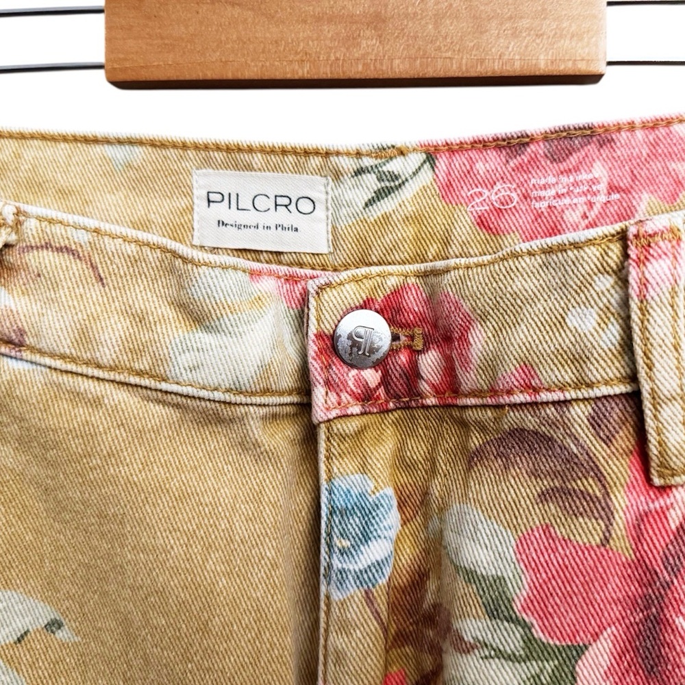 Anthropologie Floral Wide-Leg Jeans in Tan with Pink & Blue Roses - Picture 5 of 7